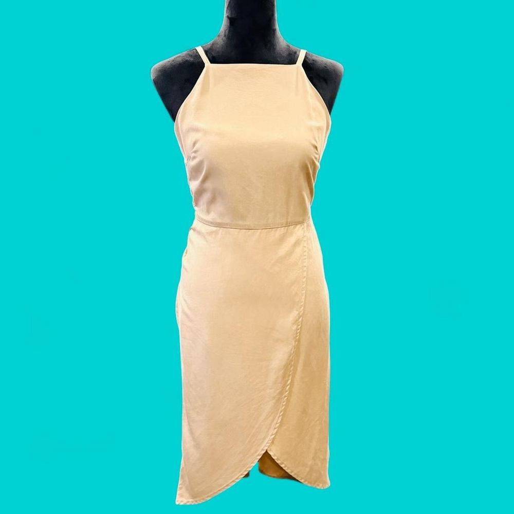 Nude Tan Wrap Style Sheath Midi Self-Tie Dress Small